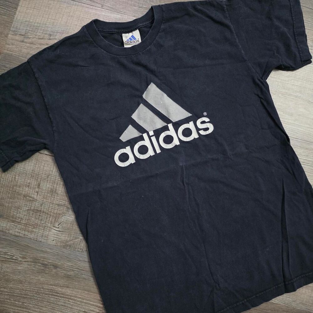 Vintage Adidas Graphic T-Shirt Black Size Small Y2K Sportswear Logo Tee Cotton